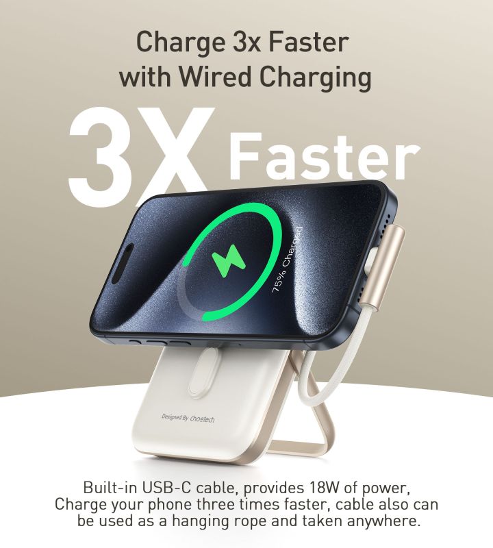 УМБ Choetech Magnetic Wireless 10000mAh 20W PD USB-C In/Out, Qi-15W,buid-in cabel White (B735-CCWH)