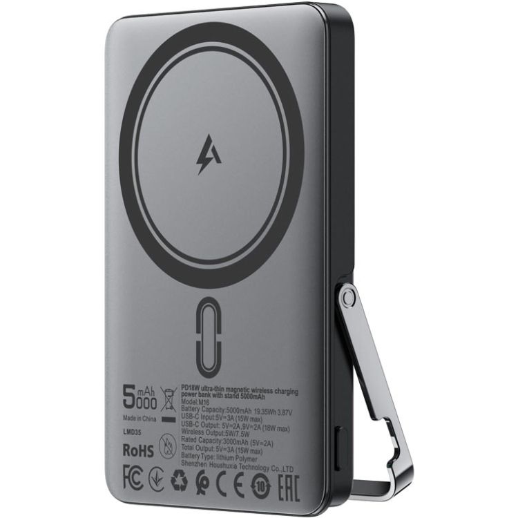 УМБ Acefast Magnetic Wireless 5000mAh 18W PD,QC3.0 USB-C In/Out,with holder, ультра тонкий M16 Black (6974316283997)
