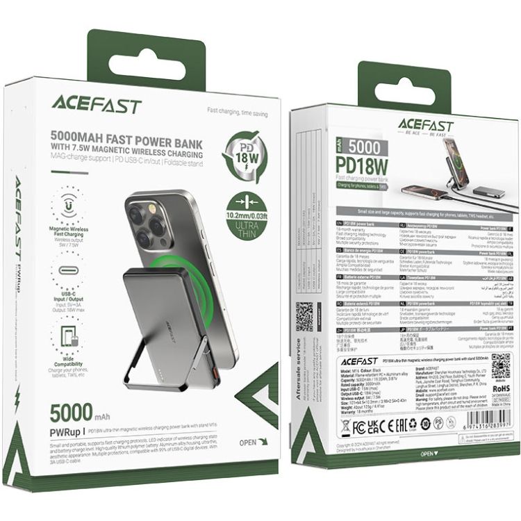 УМБ Acefast Magnetic Wireless 5000mAh 18W PD,QC3.0 USB-C In/Out,with holder, ультра тонкий M16 Black (6974316283997)
