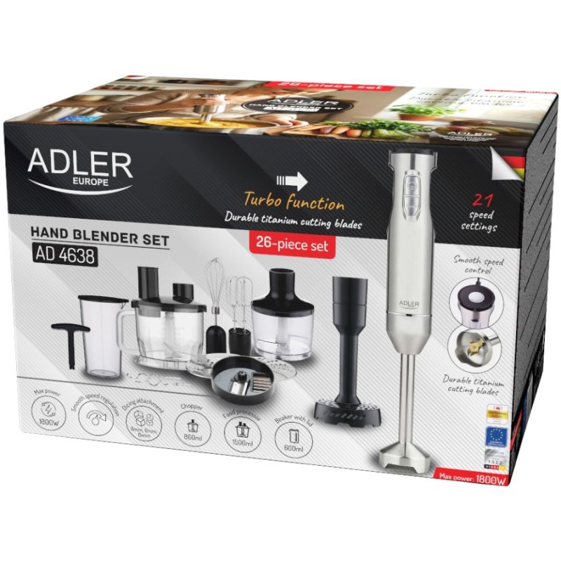 Блендер Adler AD 4638 grey ручний/ 1800Вт/ 21 швидк./ TURBO/ чаші 600мл і 1500мл/ насадка для пюре (AD4638)