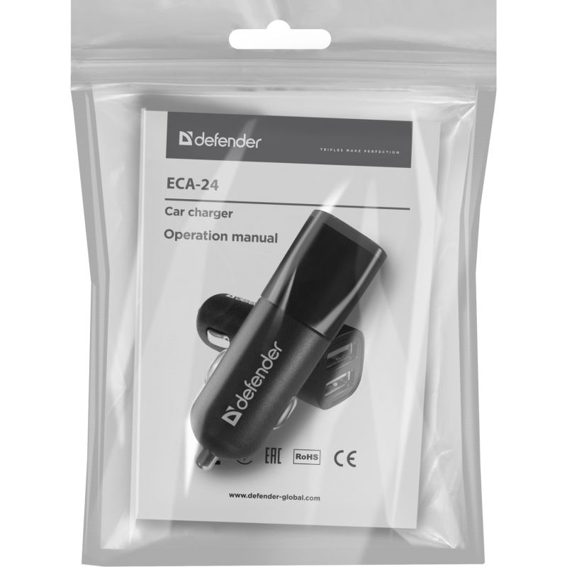 Автозарядка  2xUSB 12W 2.1A ECA-24 чорна Defender (83824)