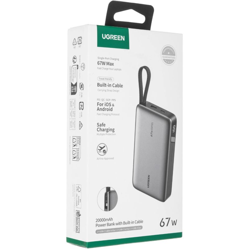 УМБ Ugreen 20000mAh 67W USB-A, USB-C In/Out, with built-in USB-C cable Grey PB550 (55996B)