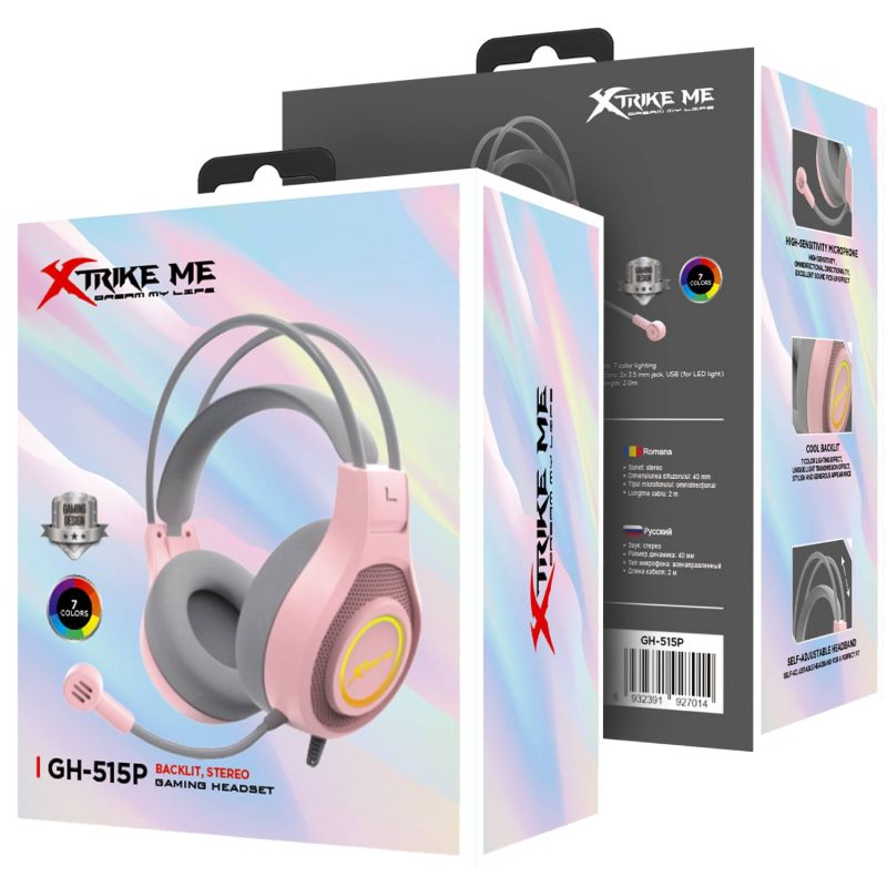 Ігрова гарнітура XTRIKE ME GH-515, USB+3.5мм, 7 режимів RGB, кабель 2м, рожева (GH-515P)