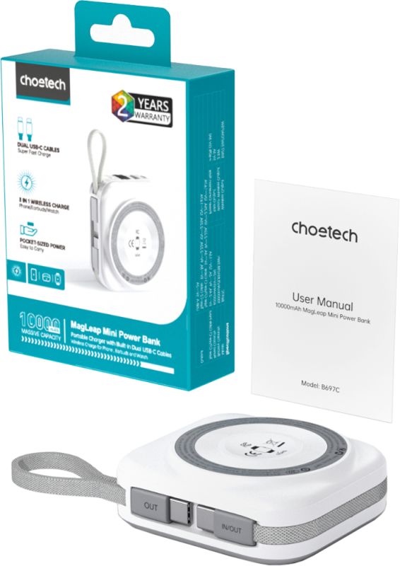 УМБ Choetech Magnetic Wireless 10000mAh 22,5W PD USB-A,USB-C,build-in USB-C,Apple Watch charger (B697C-WHSL)