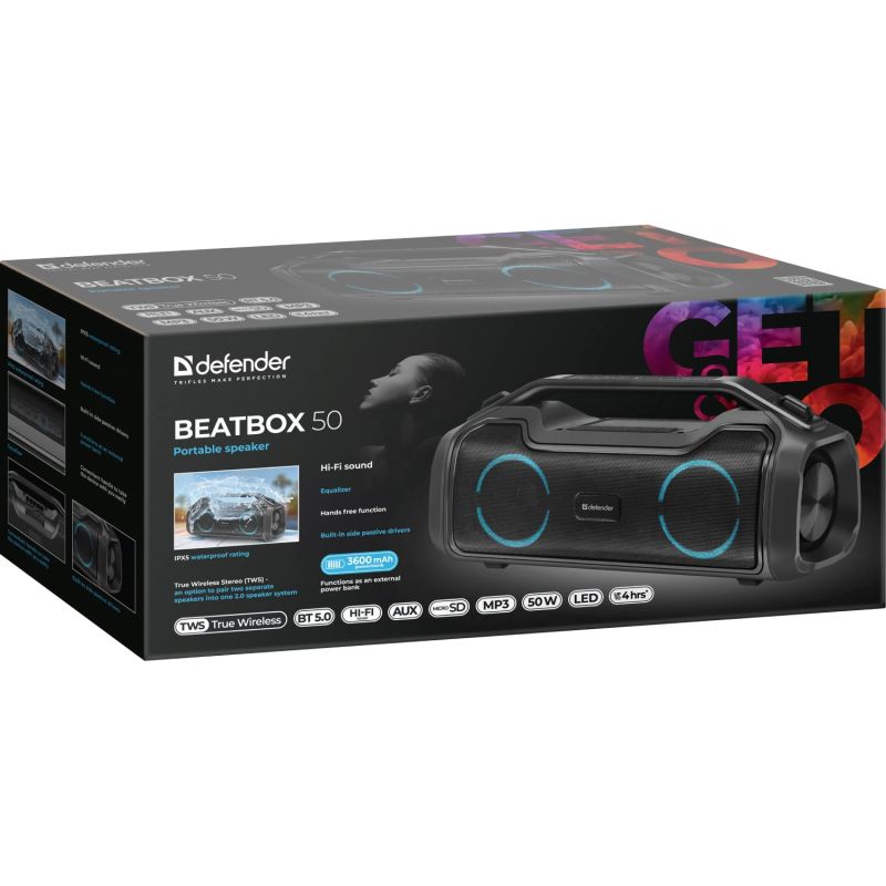 Акустична система 1.0 Defender Beatbox 50, 50W, Bluetooth/RGB/TF/TypeC/IPX5/PWB чорна (65950)