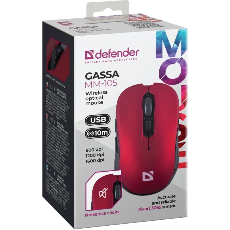 Мишка Defender Gassa MM-105, бездротова, 6 кн., 1600 dpi, безшумна червона (52103)