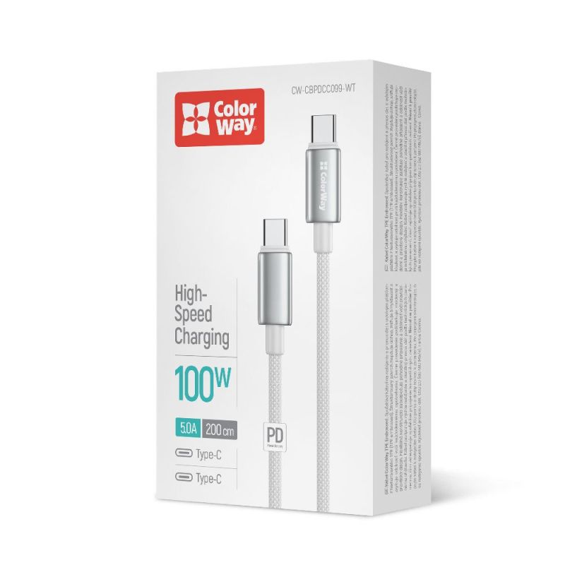 Кабель ColorWay USB Type-C - USB Type-C (M/M), zinc alloy braided, 5А, 2 м, White (CW-CBPDCC099-WT)