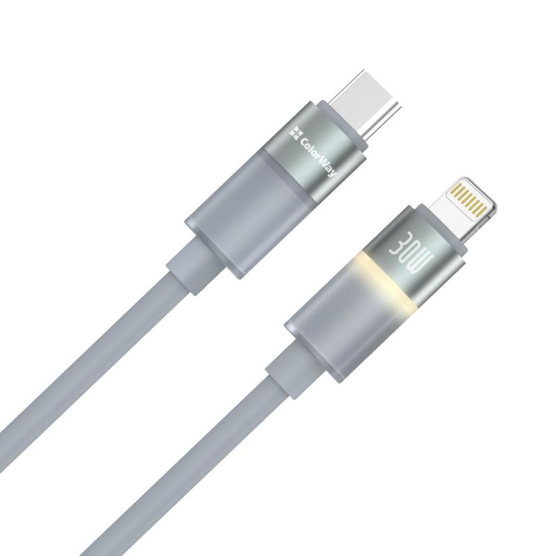 Кабель ColorWay USB Type-C - Lightning (M/M), warm light, 3А, 1 м, Grey (CW-CBPDCL092-GR)