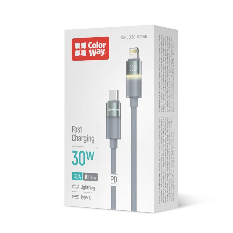 Кабель ColorWay USB Type-C - Lightning (M/M), warm light, 3А, 1 м, Grey (CW-CBPDCL092-GR)