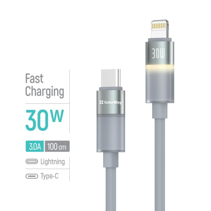 Кабель ColorWay USB Type-C - Lightning (M/M), warm light, 3А, 1 м, Grey (CW-CBPDCL092-GR)