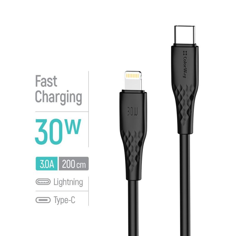 Кабель ColorWay USB Type-C - Lightning (M/M), textured PVC, 3А, 2 м, Black (CW-CBPDCL095-BK)