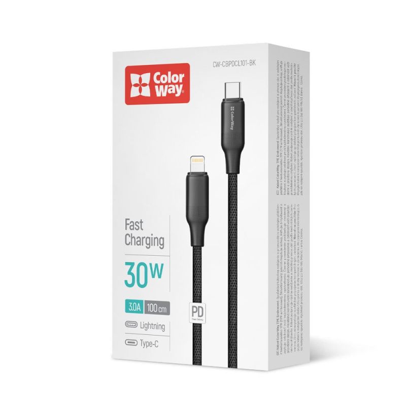 Кабель ColorWay USB Type-C - Lightning (M/M), TPE embossed, 3А, 1 м, Black (CW-CBPDCL101-BK)