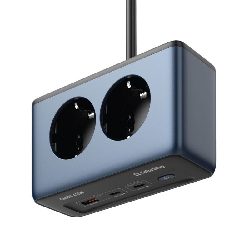 Фільтр живлення ColorWay 45W 2 розетки, 1xUSB-A 2xUSB-C, 2 м, синій (CW-CHE25PDB)
