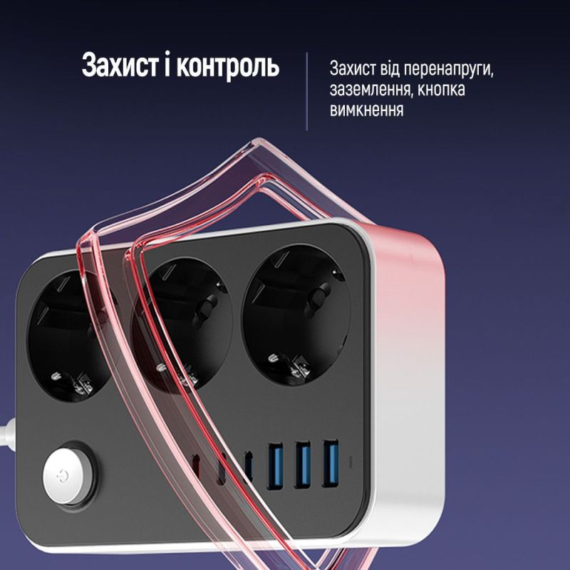 Фільтр живлення ColorWay 20W (3 USB-A + 3 TYPE-C) 3 розетки, 6 USB, 2 м, чорний (CW-CHE36PDB)