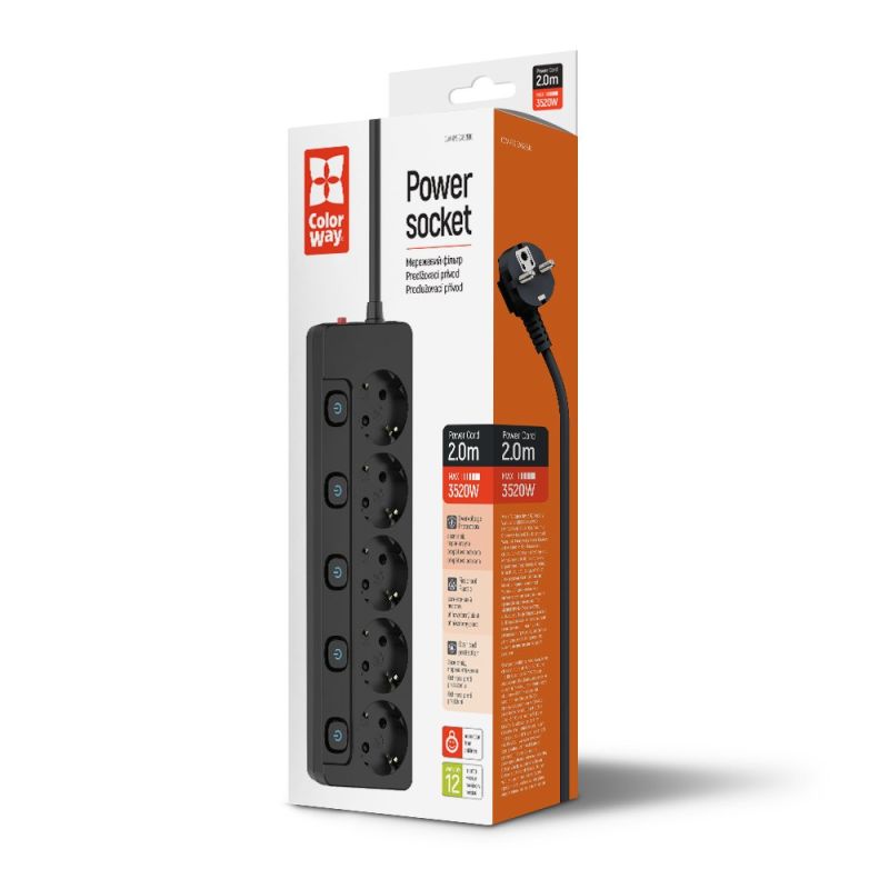 Фільтр живлення СolorWay 5 розеток, 2м, Black (CW-PSEA52SBK)