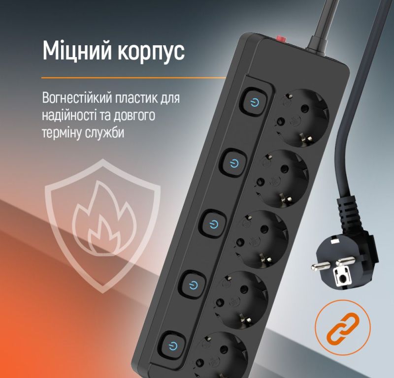 Фільтр живлення СolorWay 5 розеток, 5м, Black (CW-PSEA55SBK)