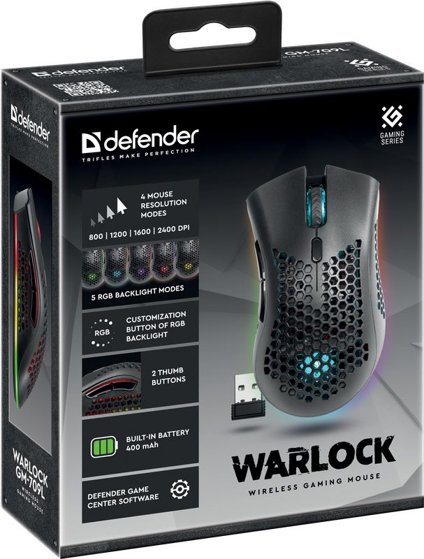 Мишка Defender Warlock GM-709L RGB ігрова, бездротова 2400dpi., 7кн., чорна (52709)