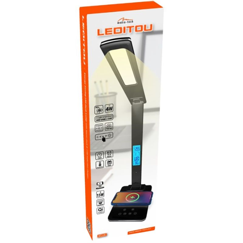 LED лампа настільна Media-Tech LEDITOU MT222K, 4W 6500K, 15W QI з вбудованим WRL, чорна (MT222K)