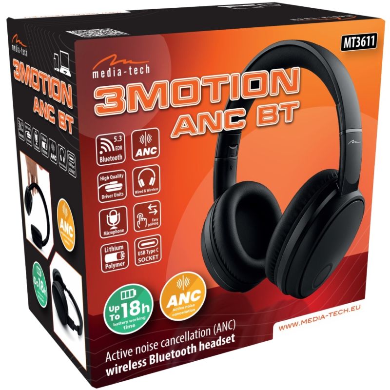 Гарнітура Media-Tech 3MOTION ANC BT MT3611  Bluetooth+3,5мм, Black (MT3611)
