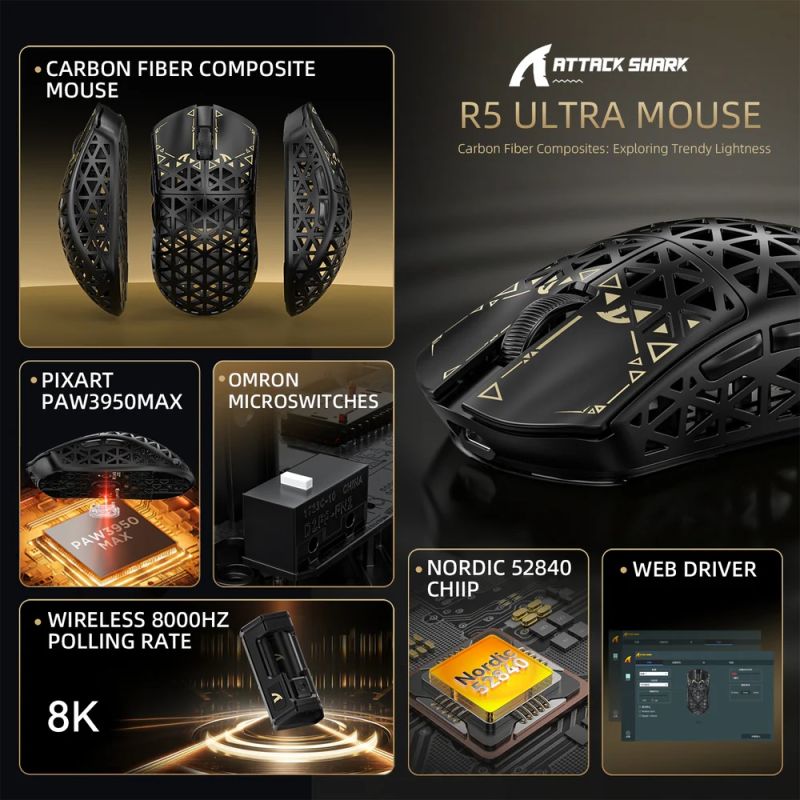 Мишка Attack Shark R5 Ultra, Wireless, PAW3950MAX сенсор, 42000dpi., 6кн., Black (R5ULTRAB_AS)