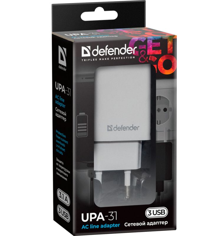 Зарядний пристрій 3xUSB 37W 3.1A білий UPA-31 Defender (83587)