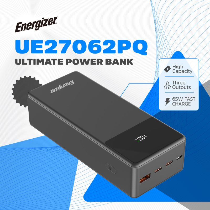 УМБ Energizer 27000mAh 65W PD,QC3.0,USB-А, 2хUSB-C, Micro-USB, LCD display,Black (UE27062PQ)