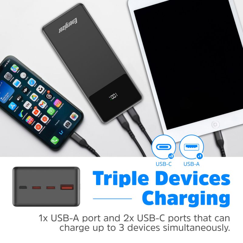УМБ Energizer 27000mAh 65W PD,QC3.0,USB-А, 2хUSB-C, Micro-USB, LCD display,Black (UE27062PQ)