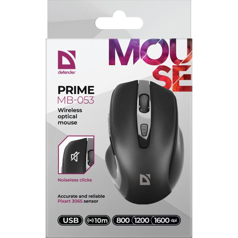Мишка Defender Prime MB-053, бездротова, 6 кн. до 1600 dpi, безшумна, чорна (52053)