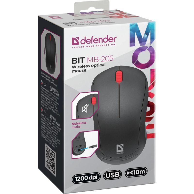 Мишка Defender Bit MB-205, бездротова, 3 кн. до 1200 dpi, безшумна, чорна (52205)