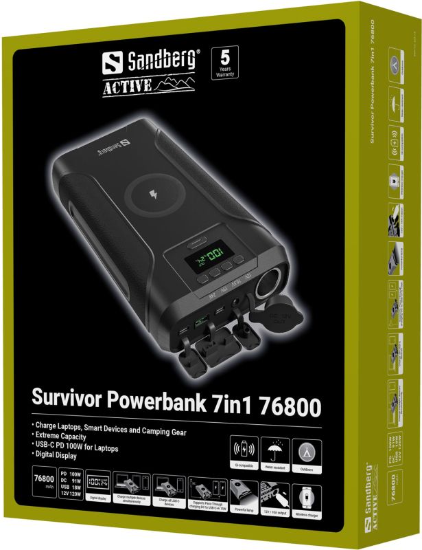 УМБ Sandberg 76800mAh Survivor DC91W PD100W,2xUSB-С+USB-A18W,Cigar Lighter120W,QI-15W,PowerThru (421-15)
