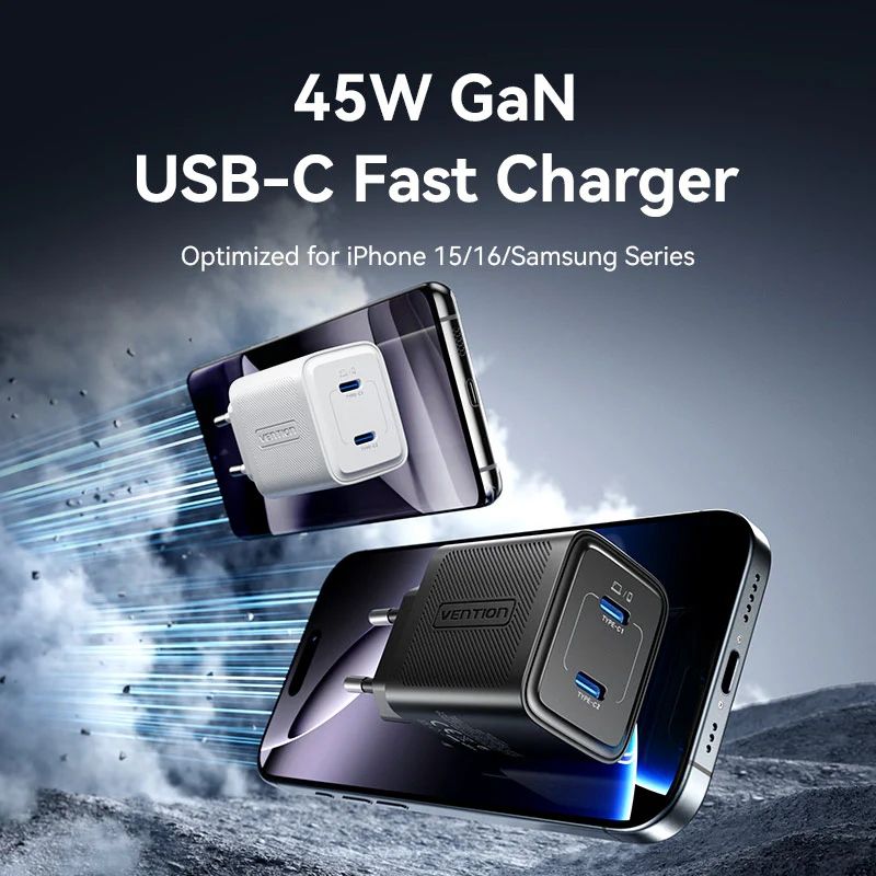 Зарядний пристрій 2xUSB-С 45W GaN білий Vention (FEFW0-EU)