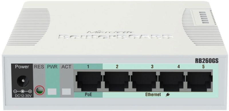 Комутатор Mikrotik RB260GS, 5 Gigabit ports and SFP cage, SwOS, plastic case, PSU (CSS106-5G-1S)
