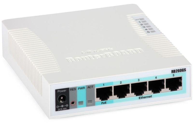 Комутатор Mikrotik RB260GS, 5 Gigabit ports and SFP cage, SwOS, plastic case, PSU (CSS106-5G-1S)