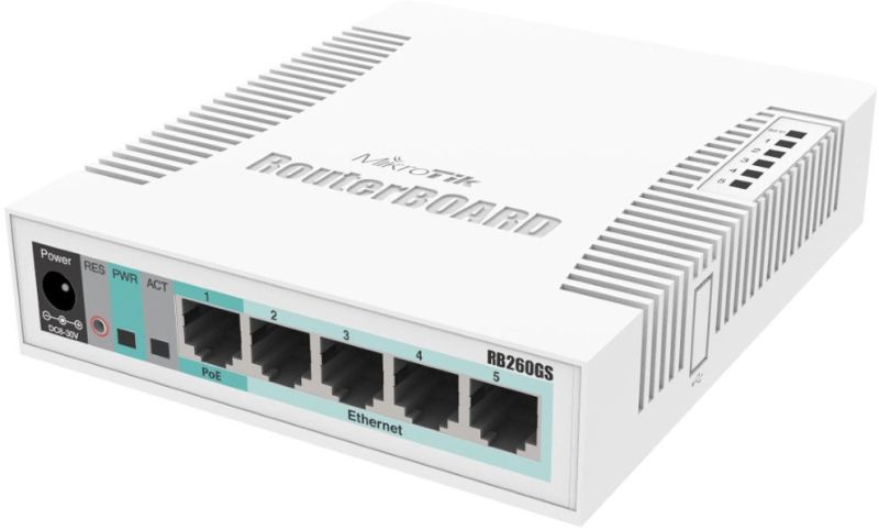 Комутатор Mikrotik RB260GS, 5 Gigabit ports and SFP cage, SwOS, plastic case, PSU (CSS106-5G-1S)