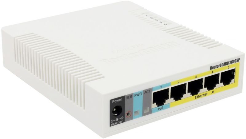 Комутатор Mikrotik RB260GSP, 5 Gigabit ports and SFP cage, SwOS, plastic case, PSU, POE-OUT (CSS106-1G-4P-1S)