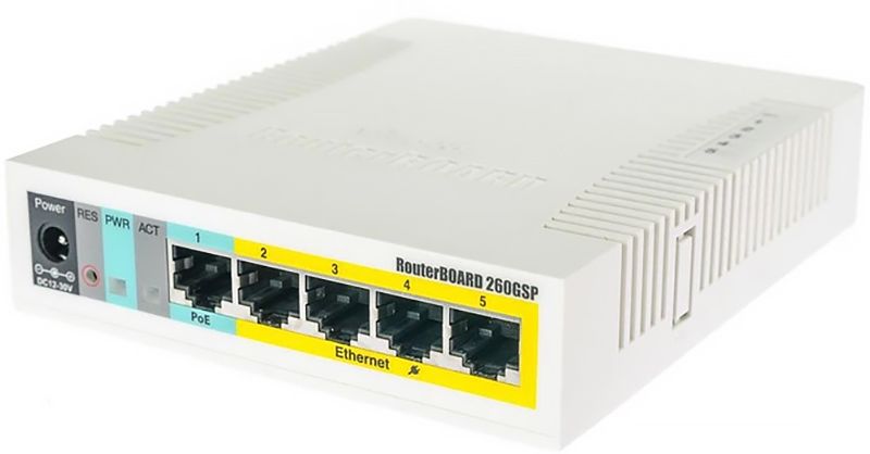 Комутатор Mikrotik RB260GSP, 5 Gigabit ports and SFP cage, SwOS, plastic case, PSU, POE-OUT (CSS106-1G-4P-1S)