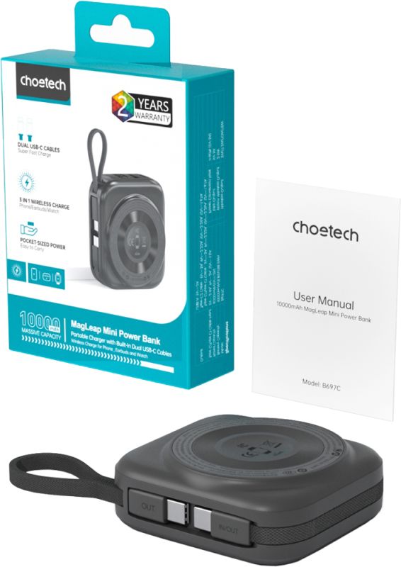 УМБ Choetech Magnetic Wireless 10000mAh 22,5W PD USB-A,USB-C,build USB-C,Apple Watch charger (B697C-BKGY)