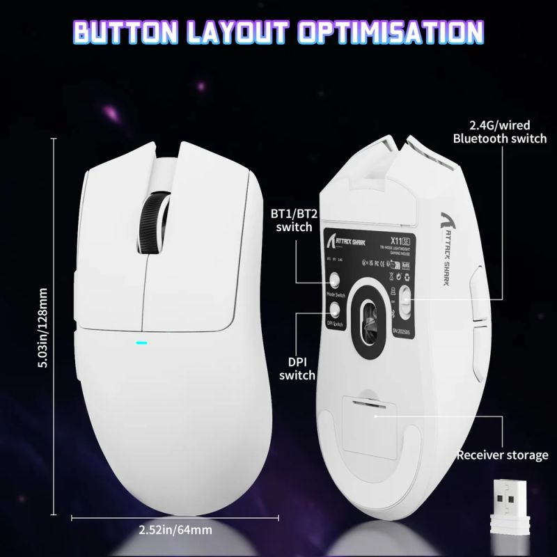 Мишка Attack Shark X11SE, Wireless/Bluetooth, 22000dpi. (PAW3311), 6кн., White (X11SEW_AS)