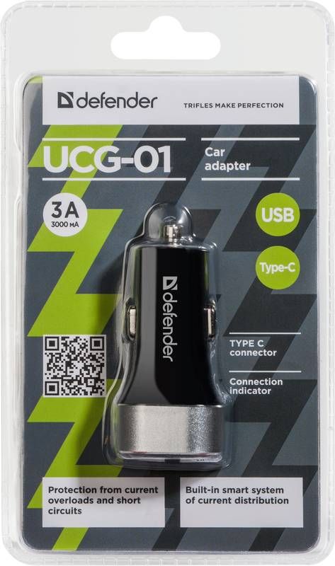 Автозарядка 2xUSB 27W (USB-C + USB-A) UCG-01 5V/5.4A Defender (83569)