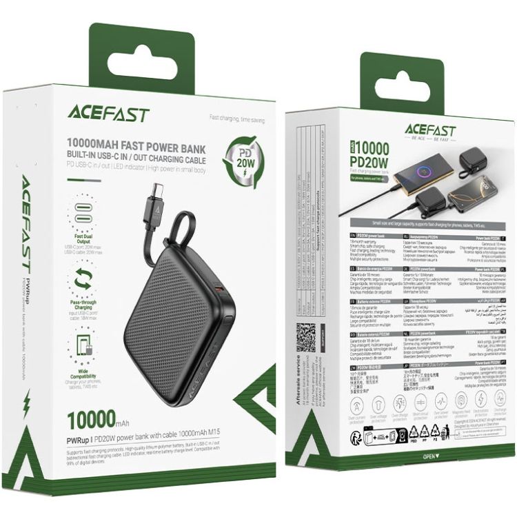 УМБ Acefast 10000mAh 20W PD,QC3.0 USB-C In/Out with build Type-C cable, M15 Black (6974316283973)