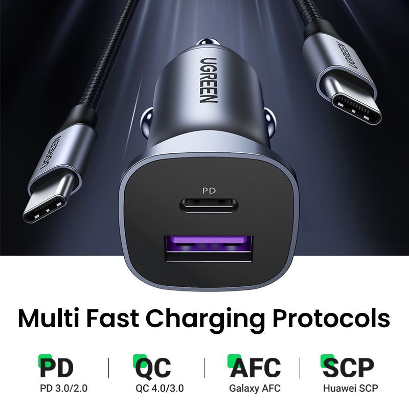 Автозарядка 2xUSB 30W (USB-A + USB-C) QC 4.0 Сіра (EC305) UGREEN (25845)