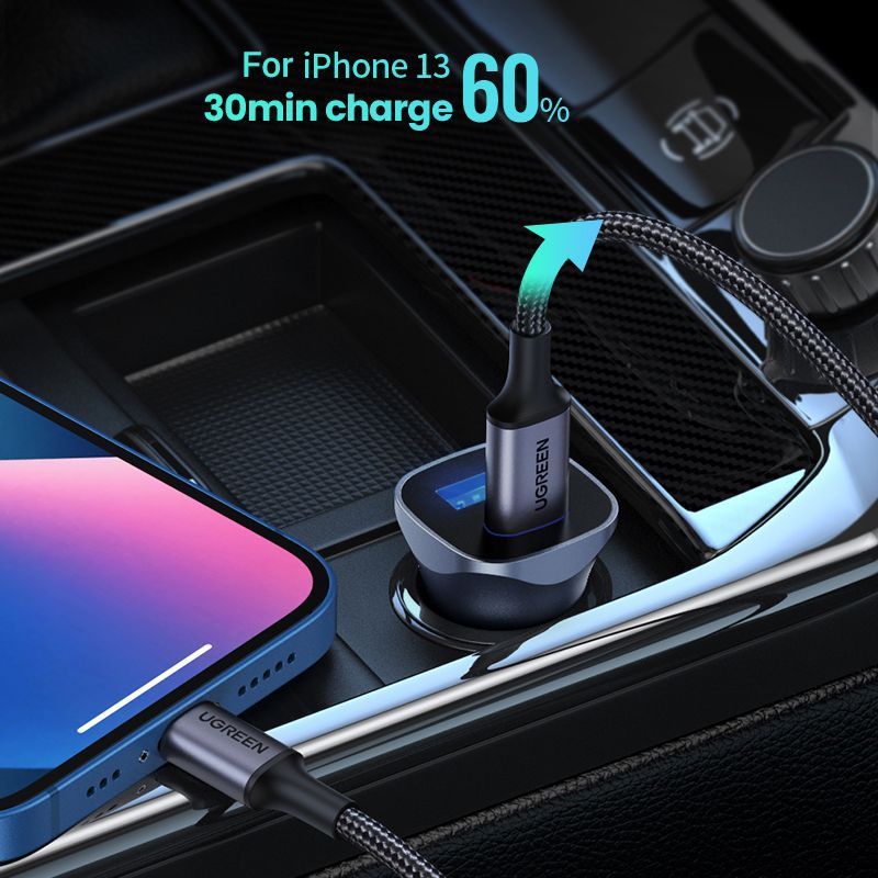 Автозарядка 2xUSB 30W (USB-A + USB-C) QC 4.0 Сіра (EC305) UGREEN (25845)