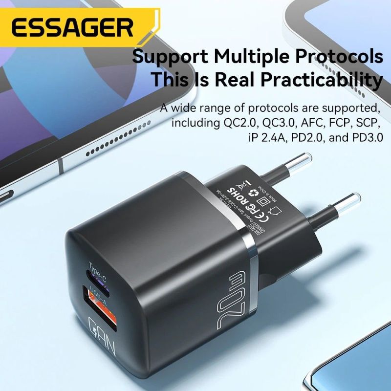 Сетевое зарядное устройство Essager Camber 20W USB A + Type C Black (ECTAC-HMB01-P)