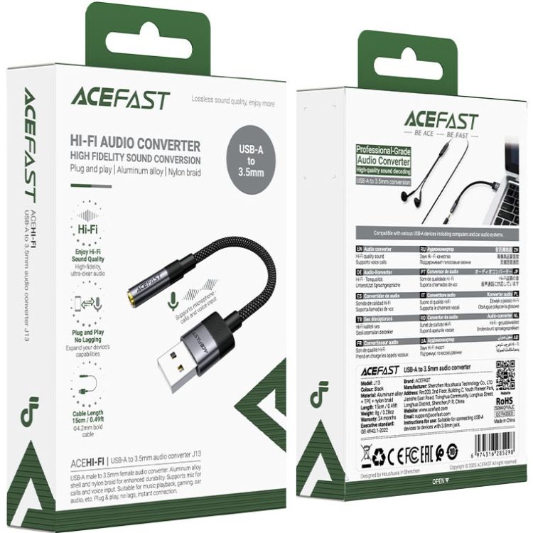 Перехідник USB-A --> 3.5 mm 15cm audio converter J13 Acefast black (6974316285298)