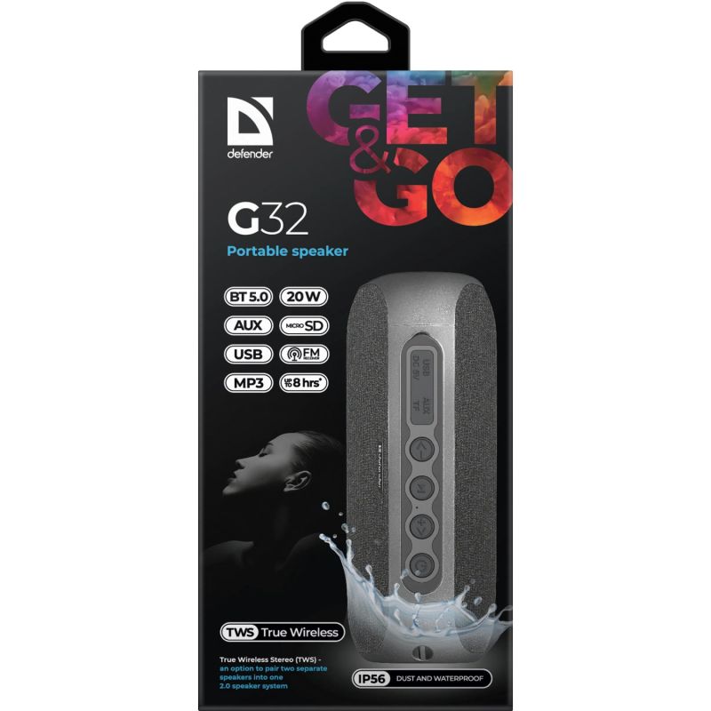 Акустична система 1.0 Defender G32 20W,BT/FM/USB/TF/AUX/TWS/IP56 (65232)