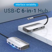 Док станція USB3.1 Type-C --> USBx3,3.0/SD/TF/PD 100W 6-in-1 Vention (TNHHB)