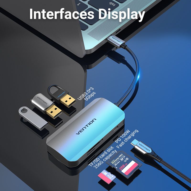Док станція USB3.1 Type-C --> USBx3,3.0/SD/TF/PD 100W 6-in-1 Vention (TNHHB)