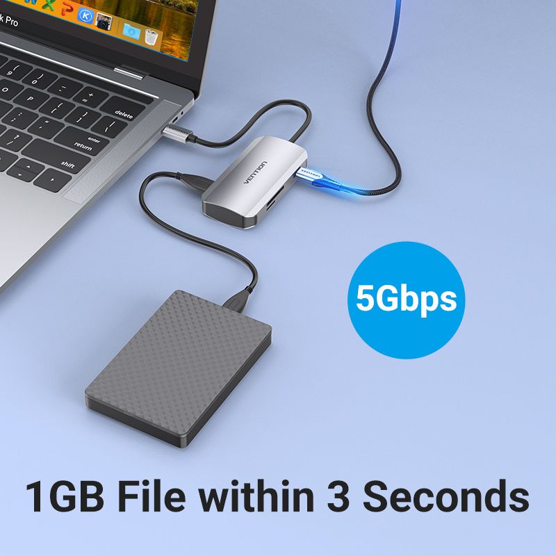 Док станція USB3.1 Type-C --> USBx3,3.0/SD/TF/PD 100W 6-in-1 Vention (TNHHB)