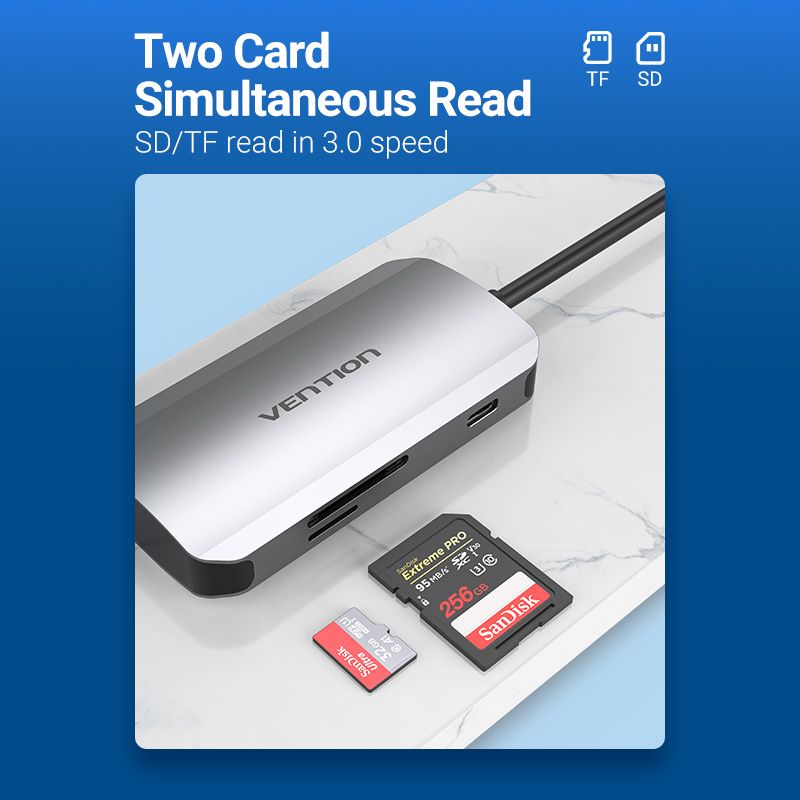 Док станція USB3.1 Type-C --> USBx3,3.0/SD/TF/PD 100W 6-in-1 Vention (TNHHB)