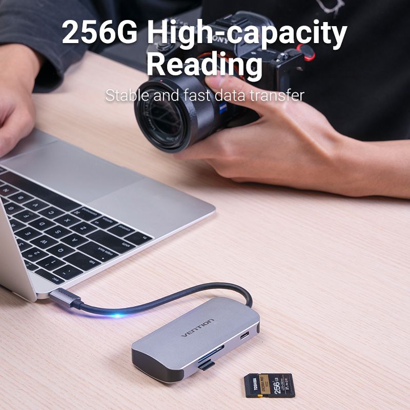 Док станція USB3.1 Type-C --> USBx3,3.0/SD/TF/PD 100W 6-in-1 Vention (TNHHB)